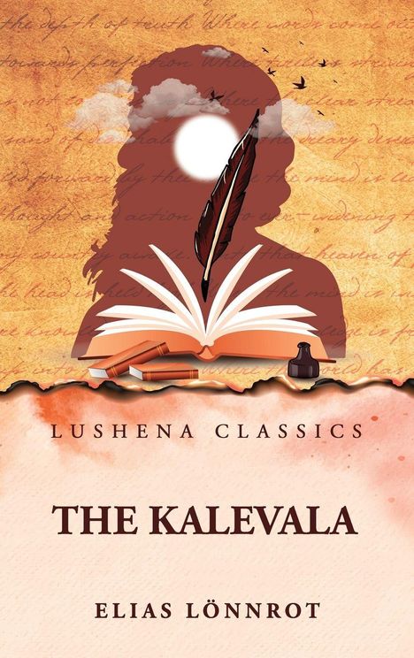 "LUSHENA CLASSICS, THE KALEVALA, ELIAS LÖNNROT. Illustration mit Buch, Feder, Silhouette und fliegenden Vögeln."