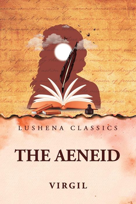 Lushena Classics, The Aeneid, Virgil. Silhouette mit Feder, Buch und Tinte, Sonnenuntergang und Vögel im Hintergrund.