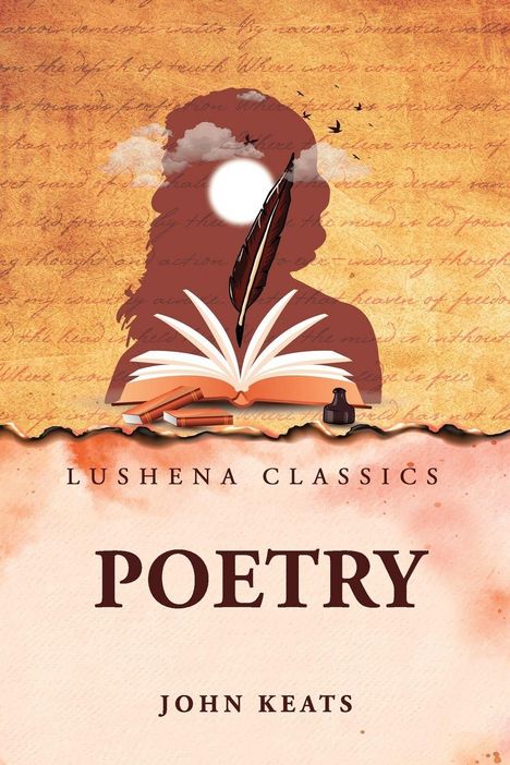 „Lushena Classics, Poetry, John Keats“. Eine Illustration mit einer Feder, Büchern, einer Silhouette und fliegenden Vögeln.