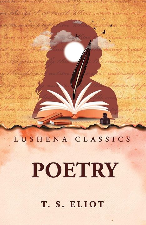 LUSHENA CLASSICS. POETRY. T. S. ELIOT. Silhouette einer Frau mit Feder, Buch, Tinte und fliegenden Vögeln im Hintergrund.