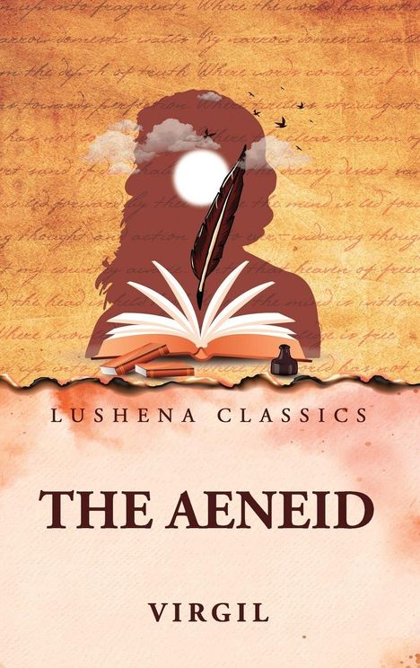 "LUSHENA CLASSICS. THE AENEID. VIRGIL." Silhouette mit einer offenen Schriftrolle, Feder, Büchern und Tintenfass vor orangem Hintergrund.