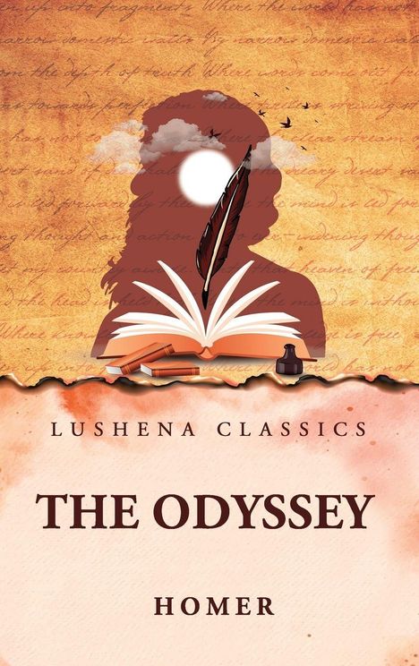 LUSHENA CLASSICS. THE ODYSSEY. HOMER. Silhouette einer Person mit Feder und Buch, Wolken und Vögel im Hintergrund.