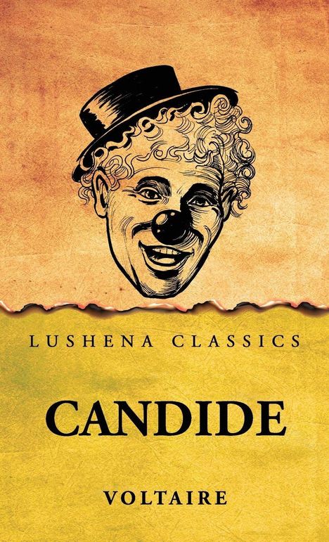 "Lushena Classics, CANDIDE, VOLTAIRE"; Illustration eines lächelnden Clowns mit Hut auf altem Papierhintergrund.