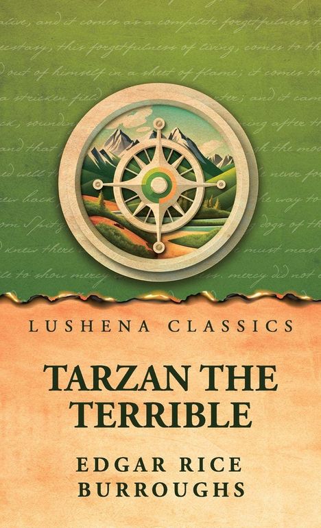 "LUSHENA CLASSICS. TARZAN THE TERRIBLE. EDGAR RICE BURROUGHS." Illustration mit Landschaft und einem Steuerrad.