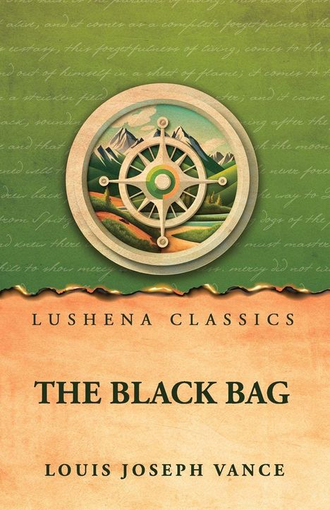 "LUSHENA CLASSICS, THE BLACK BAG, LOUIS JOSEPH VANCE" auf grünem, strukturiertem Hintergrund mit Kompass-Rosen-Motiv.