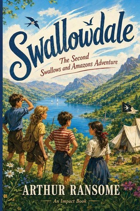 "Swallowdale. The Second Swallows and Amazons Adventure. Arthur Ransome. Vier Kinder vor einem See und Bergen, Zelte rechts."