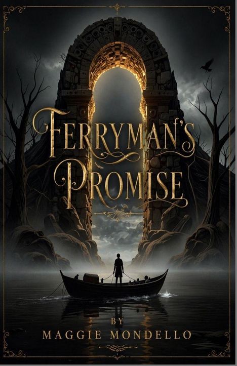 „FERRYMAN'S PROMISE“ und „BY MAGGIE MONDELLO“. Eine Silhouette in einem Boot vor einem leuchtenden Steintor. Mystische Stimmung.