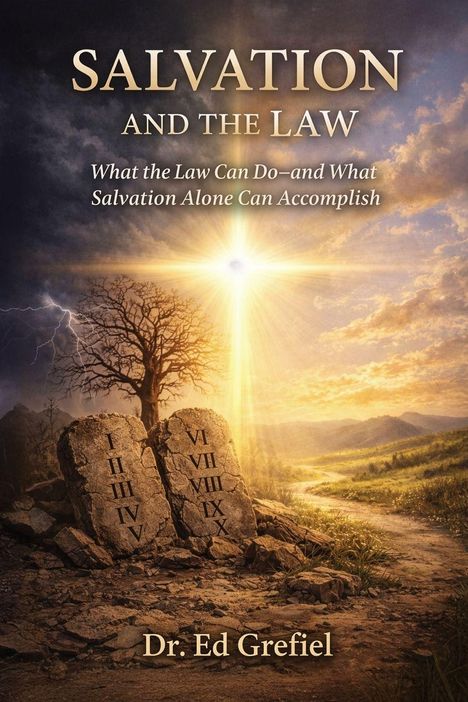 Texte: "Salvation and the Law", "Dr. Ed Grefiel". Illustration von Steintafeln, Baum, Blitz und strahlendes Kreuz im Himmel.