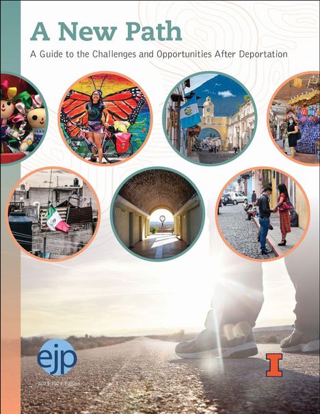 A New Path: Ein Leitfaden zu Herausforderungen und Chancen nach der Abschiebung. Sechs runde Fotos, unten Füße auf Straße.