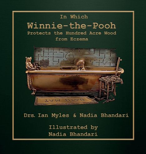 Buchtitel über Winnie-the-Poohs Kampf gegen Ekzeme. Illustration: Bär in einer Badewanne mit einem Kind.