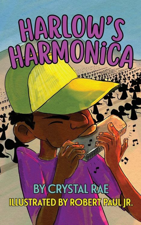 „Harlow's Harmonica“ ist der Titel. Ein Junge spielt eine Mundharmonika. Viele Musiknoten im Hintergrund.