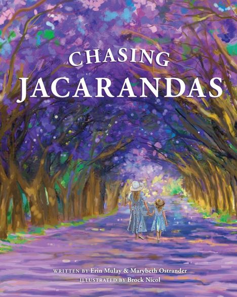 "Chasing Jacarandas" oben, Mutter und Kind in einem bunt blühenden Baumtunnel, beide tragen Kleider und Hüte.