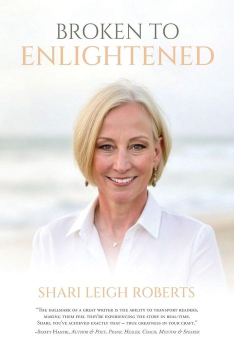Text: "Broken to Enlightened". Darunter ein Porträt einer lächelnden Frau mit blonden Haaren und weißer Bluse.