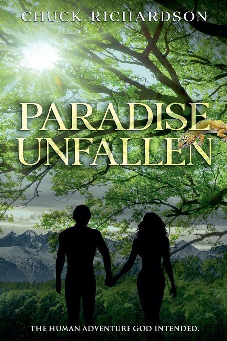 "PARADISE UNFALLEN" zeigt zwei Silhouetten, die sich in einer waldigen Landschaft mit Bergen im Hintergrund die Hand halten.