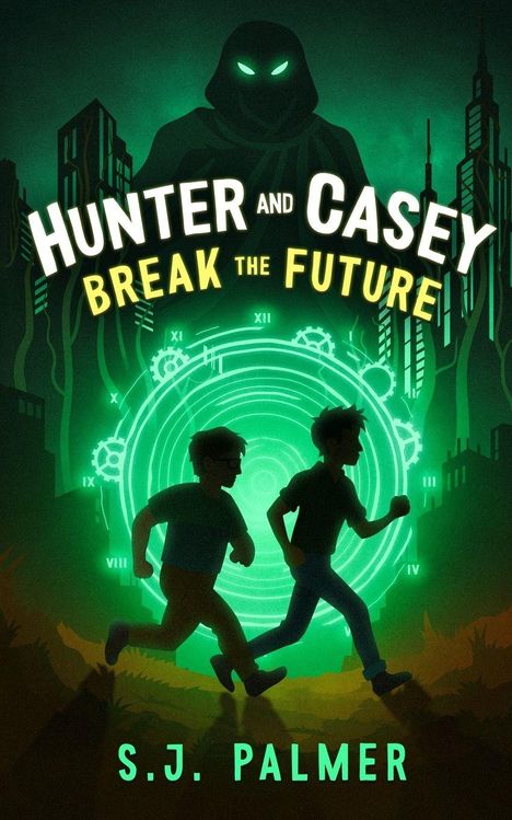 Titel: "Hunter and Casey Break the Future". Autor: S.J. Palmer. Illustration zeigt zwei laufende Jungen und eine mysteriöse Gestalt.