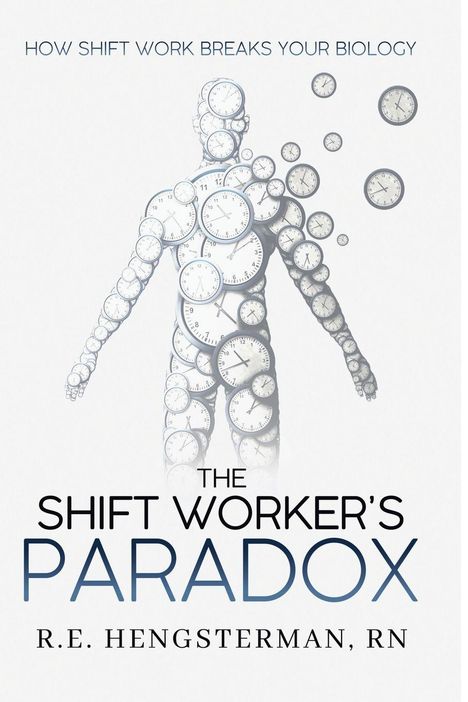 Buchtitel: "The Shift Worker's Paradox" von R.E. Hengsterman. Ein Körper aus Uhren symbolisiert den Einfluss von Schichtarbeit.