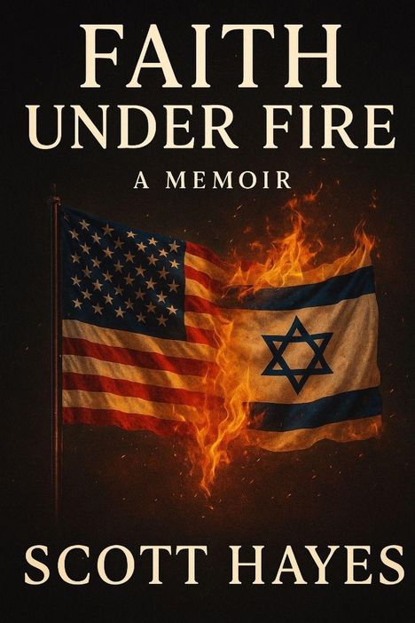"Faith Under Fire: A Memoir" von Scott Hayes. Eine brennende US- und Israelflagge im Hintergrund.