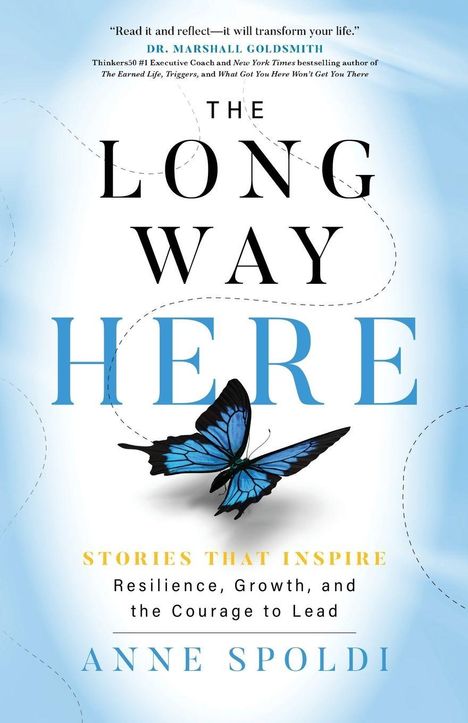 „The Long Way Here“, „Stories That Inspire“, Anne Spoldi. Ein blauer Schmetterling auf hellem Hintergrund.