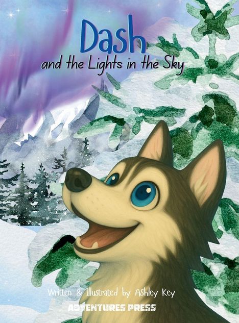 „Dash and the Lights in the Sky“ oben; Illustration eines fröhlichen Hundes vor winterlicher Landschaft und Polarlichtern.