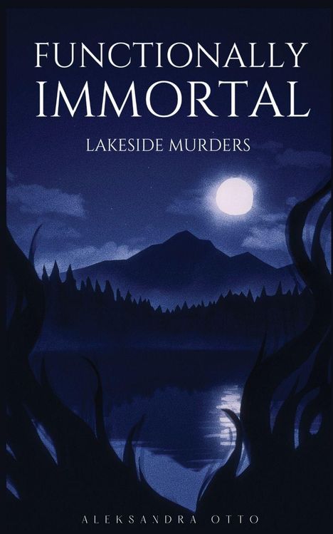 "Functionally Immortal: Lakeside Murders" in weißen Buchstaben, Mond über einem See mit dunklen Bäumen und Silhouetten.