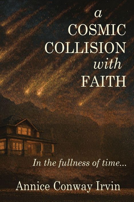 Eine Illustration mit den Texten: "a COSMIC COLLISION with FAITH", "In the fullness of time...", "Annice Conway Irvin". Im Hintergrund ein beleuchtetes Haus unter einem funkelnden Himmel.
