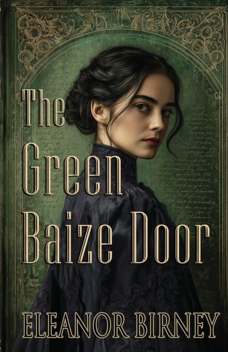 "The Green Baize Door" von Eleanor Birney. Illustration: Frau in viktorianischem Kleid vor grünem, kunstvollem Hintergrund.