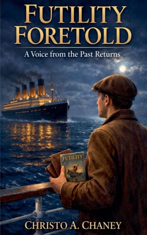 „Futility Foretold“, „A Voice from the Past Returns“, „Christo A. Chaney“. Ein Mann hält ein Buch, ein Schiff im Hintergrund.