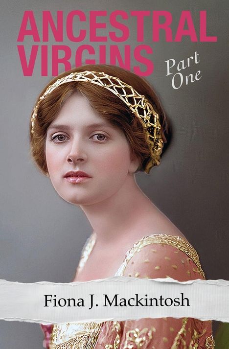 "ANCESTRAL VIRGINS Part One" und "Fiona J. Mackintosh". Porträt einer Frau mit goldener Kopfbedeckung.
