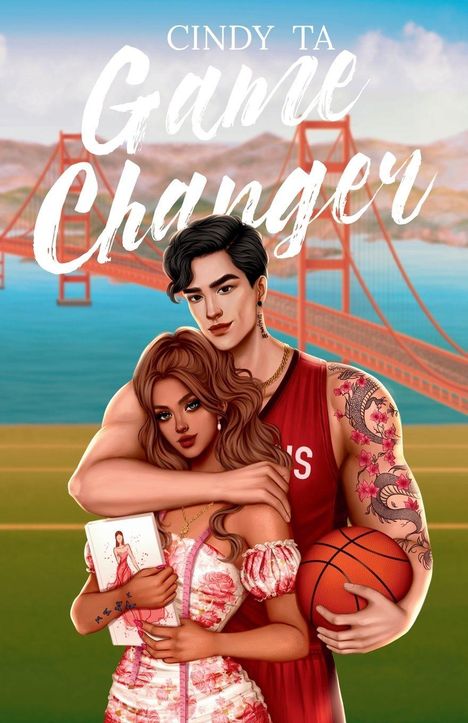 "Cindy Ta, Game Changer." Illustration eines Paars, er mit Basketball und Tattoos, sie mit Buch. Hintergrund: Brücke.