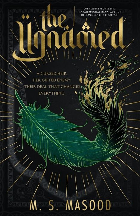 Text: „The Unnamed“. „A cursed heir. Her gifted enemy. Their deal that changes everything.“ Illustration: Grüne Feder.