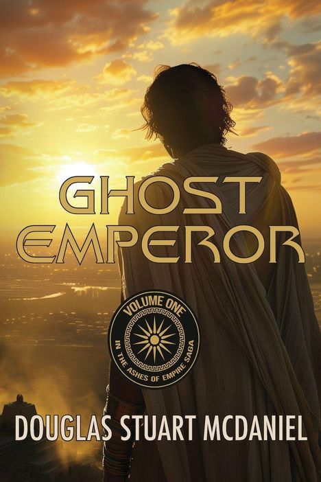 „Ghost Emperor“ steht groß im Vordergrund. Ein Mensch in antiker Robe schaut auf einen Sonnenuntergang.