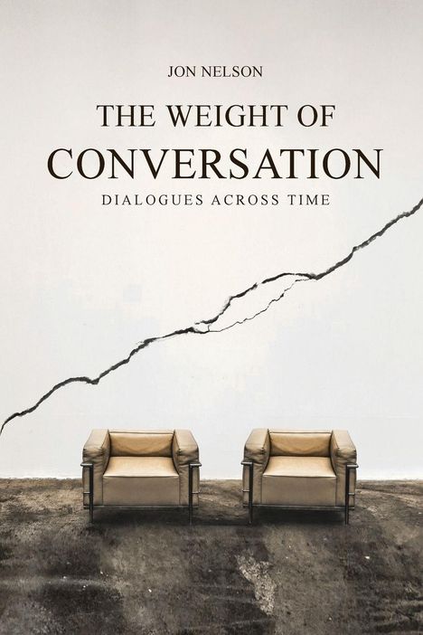 „THE WEIGHT OF CONVERSATION: DIALOGUES ACROSS TIME“ von Jon Nelson. Zwei Sessel vor einer Wand mit Riss.