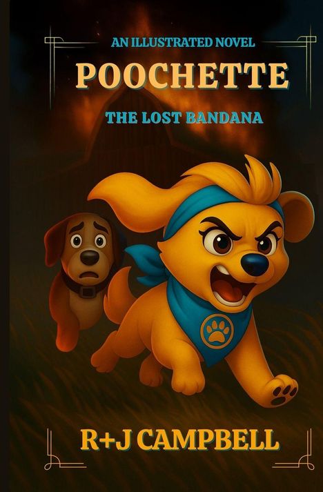 "An Illustrated Novel: Poochette - The Lost Bandana" von R+J Campbell. Illustration von zwei entschlossenen Hunden.