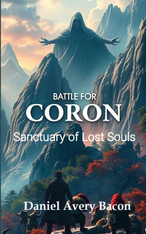 "Battle for Coron: Sanctuary of Lost Souls" von Daniel Avery Bacon. Illustration mit einer bedrohlichen Gestalt über Bergen.