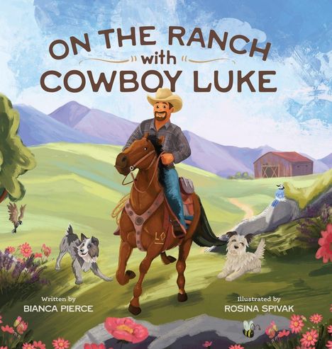 "ON THE RANCH WITH COWBOY LUKE" zeigt Cowboy Luke auf einem Pferd. Zwei Hunde, Blumen und ein Vogel sind in einer Landschaft.