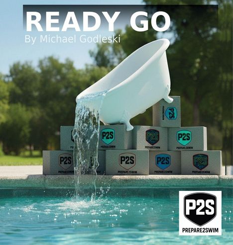 "READY GO" von Michael Godleski. Eine Badewanne gießt Wasser in einen Pool, umgeben von P2S-Blöcken.