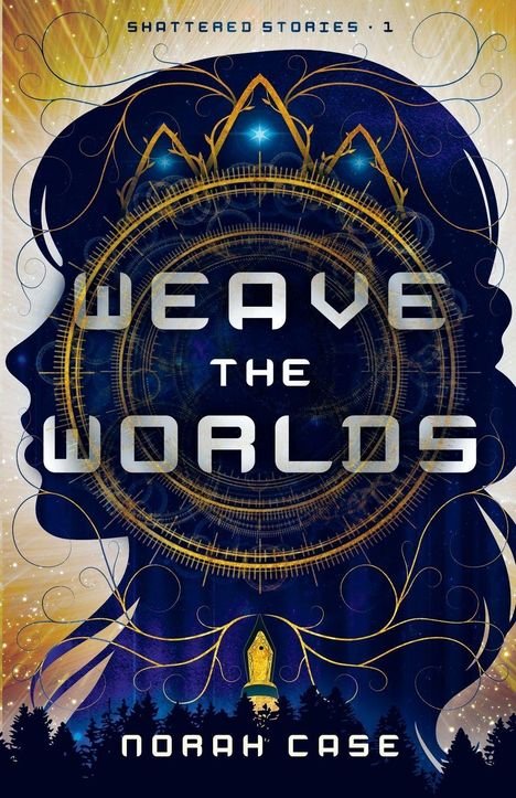 "Weave the Worlds" oben im Bild mit silberner Schrift. Dunkle Silhouetten von Gesichtern und einem Stift, umgeben von Mustern.