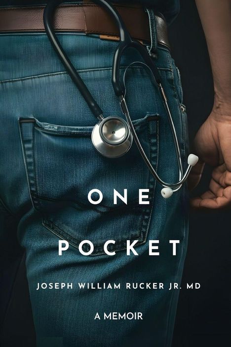 "ONE POCKET" in Weiß auf Jeans, darunter "JOSEPH WILLIAM RUCKER JR. MD" und "A MEMOIR". Ein Stethoskop ist sichtbar.