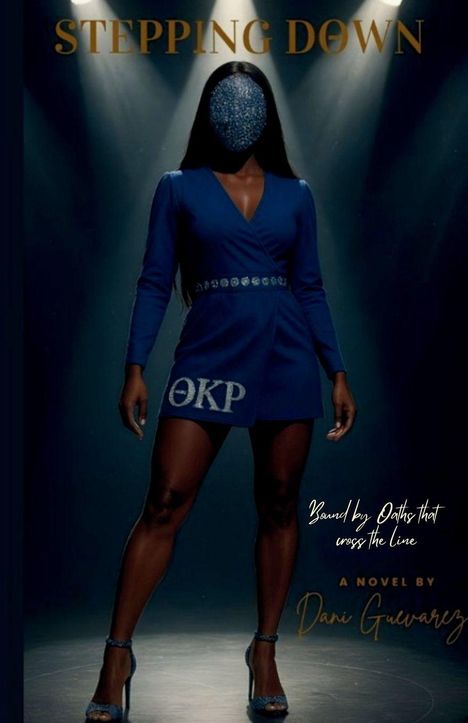 "Stepping Down". Frau mit funkelndem Gesicht und blauem Kleid, Text: "Bound by Oaths that cross the Line" von Dani Guicarez.