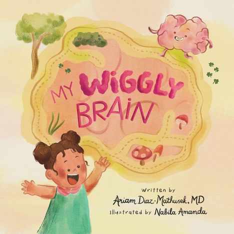 "My Wiggly Brain" in pink Schrift, Zeichnung eines lachenden Kindes und eines lächelnden Gehirns, Bäume im Hintergrund.