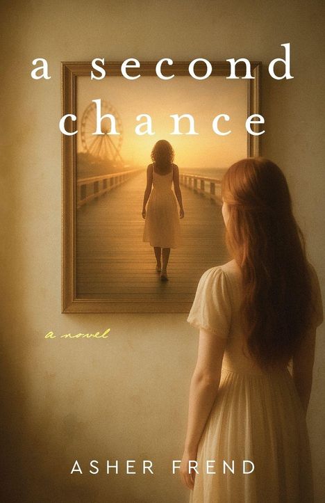 "a second chance", "a novel", "Asher Frend". Eine Frau sieht ein Gemälde von einer Frau auf einem Pier im Sonnenuntergang an.
