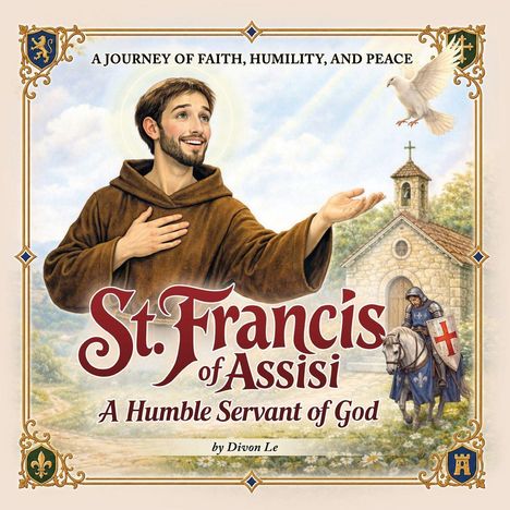 Text: "A JOURNEY OF FAITH, HUMILITY, AND PEACE. St. Francis of Assisi: A Humble Servant of God. By Divon Le."
Illustration: Franziskus mit Taube, Kapelle.