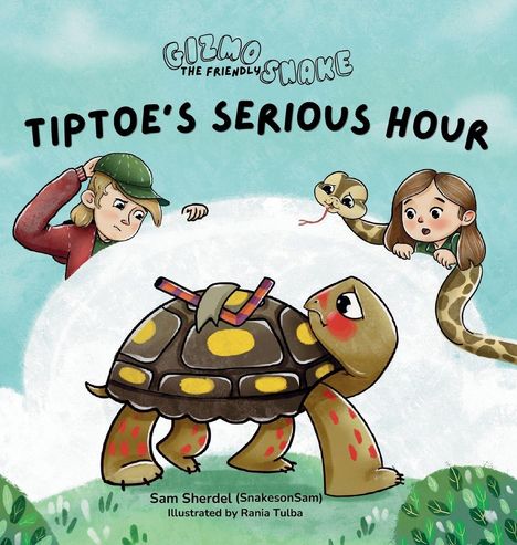 "TIPTOE'S SERIOUS HOUR". Eine Illustration mit Schildkröte, Schlange und zwei Kindern auf einer Wiese.