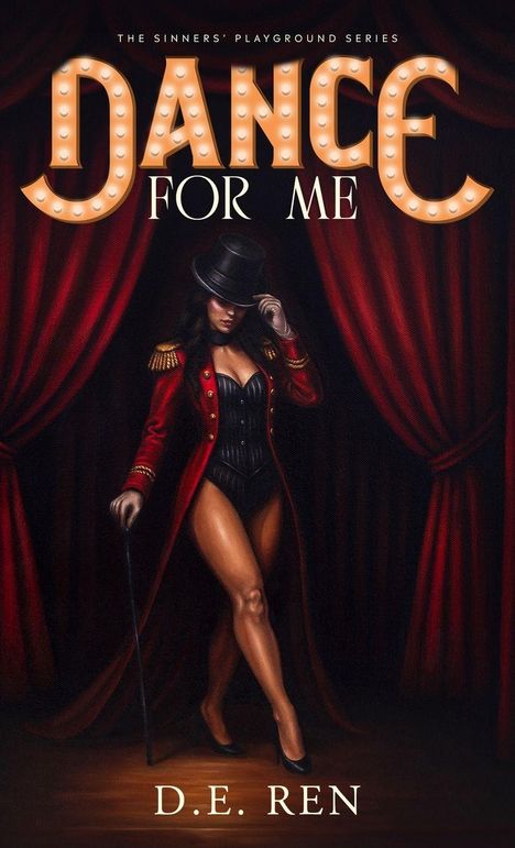 „DANCE FOR ME“ und „D.E. REN“ sind in großer Schrift zu sehen. Eine Frau in Zirkusdirektor-Outfit posiert vor roten Vorhängen.