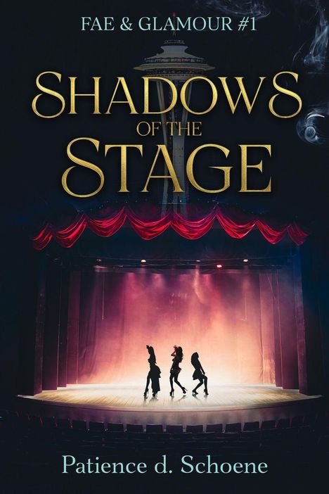 "FAE & GLAMOUR #1. SHADOWS OF THE STAGE. Patience d. Schoene." Bühne mit roten Vorhängen und tanzenden Silhouetten.