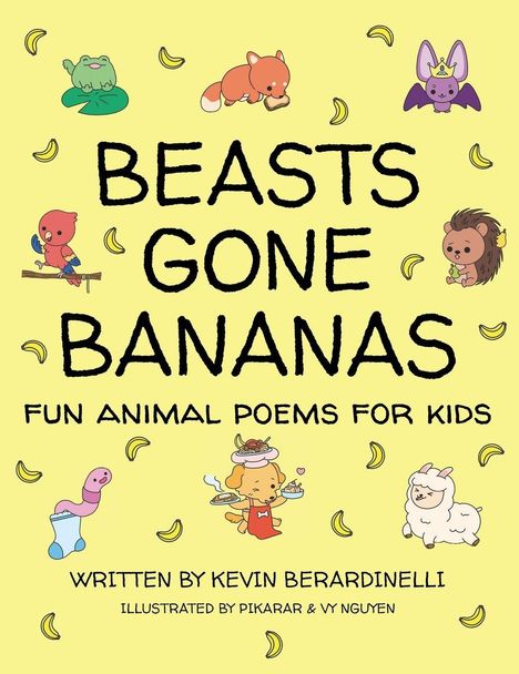 "BEASTS GONE BANANAS - Fun Animal Poems for Kids" steht auf gelbem Hintergrund, umgeben von süßen Tierillustrationen und Bananen.