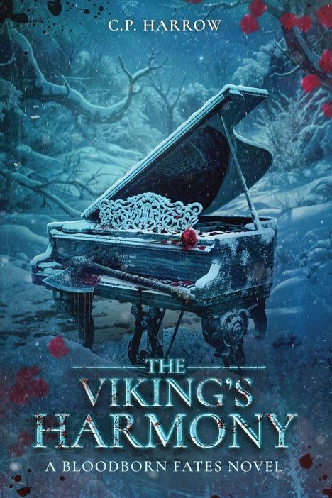 „C.P. Harrow“, „The Viking’s Harmony“, „A Bloodborn Fates Novel“. Ein schneebedecktes Klavier im Winterwald, rote Rosen.