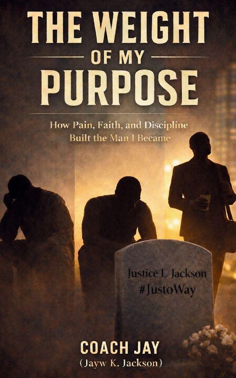 „The Weight of My Purpose“ – Mann am Grabstein, neben ihm zwei nachdenkliche Silhouetten. Darunter „Coach Jay“.