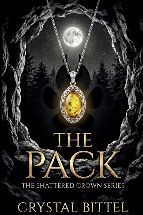 "The Pack: The Shattered Crown Series" von Crystal Bittel. Vollmond, Kette mit gelbem Anhänger, Wald, Höhlenöffnung.