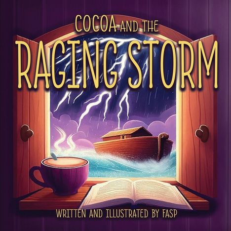 „Cocoa and the Raging Storm“ steht groß oben. Eine Illustration zeigt ein Boot in einem stürmischen Meer bei Blitz.